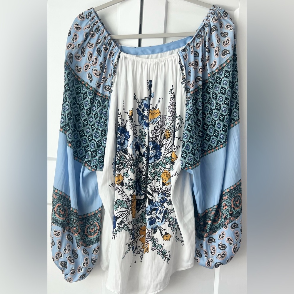 Free People Floral Bohemian Blouse in Blue and White